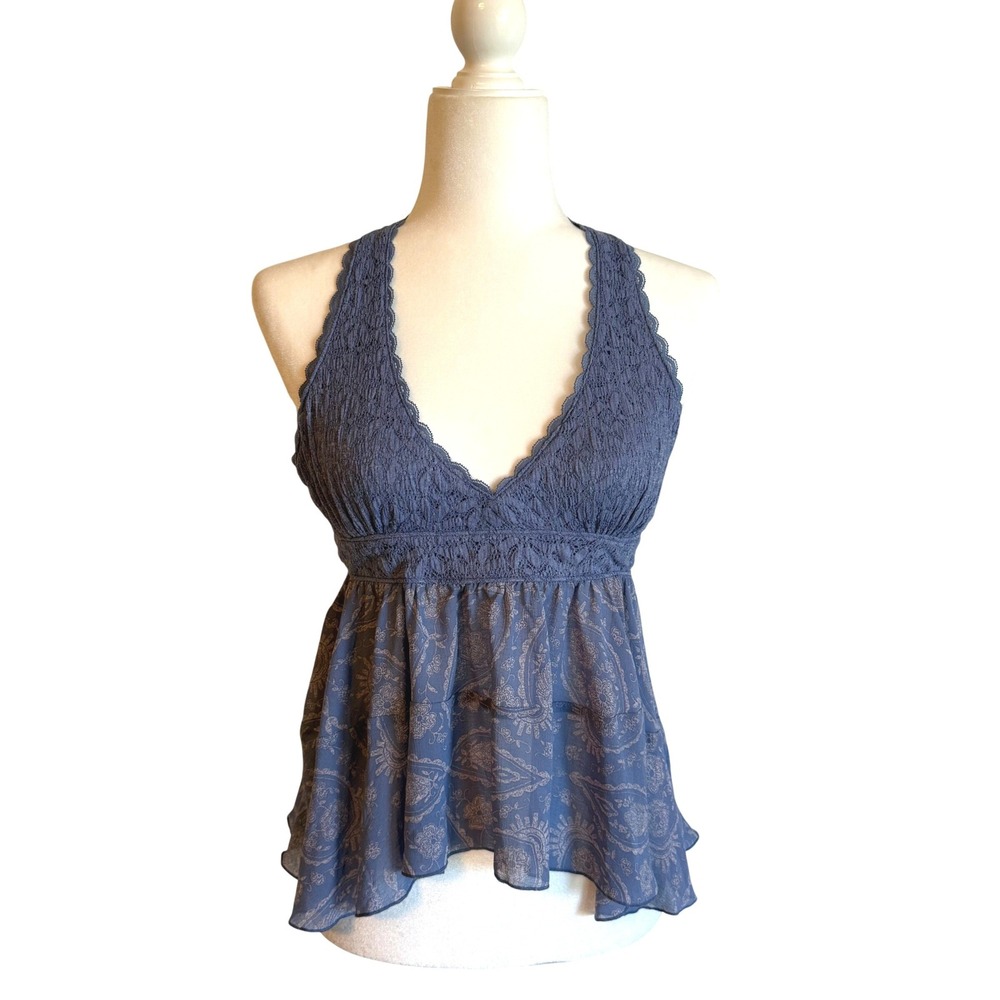 Kimchi Blue Halter Top Blue Lace Paisley Tiered Babydoll Boho Fairycore Y2K M
